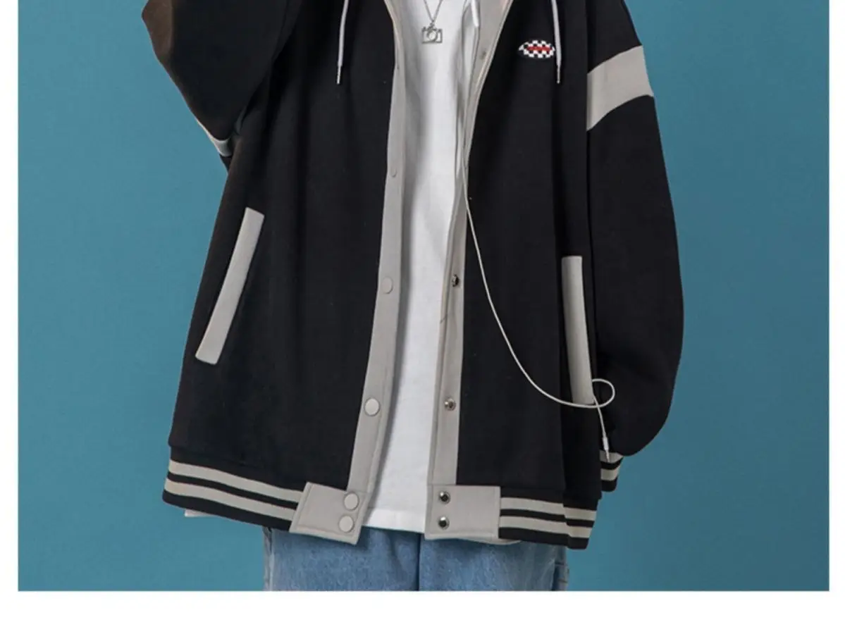 Women's 2023 Hooded Baseball Jacket Black Grey Mid-Length — feature 5