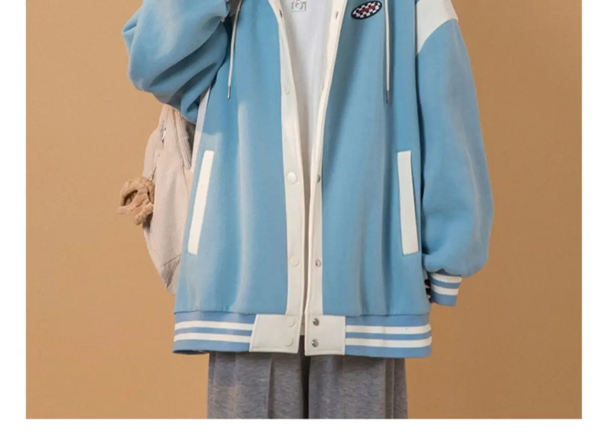 Women's 2023 Hooded Baseball Jacket Black Grey Mid-Length — feature 7