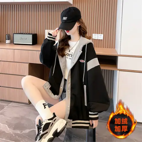 Women's 2023 Hooded Baseball Jacket Black Grey Mid-Length - Image 4