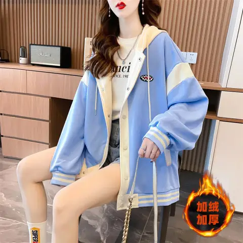 Women's 2023 Hooded Baseball Jacket Black Grey Mid-Length - Image 5