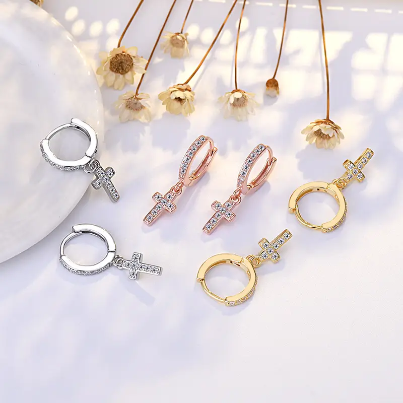 Cross Earrings for Women Full Inlaid Zircon Silver