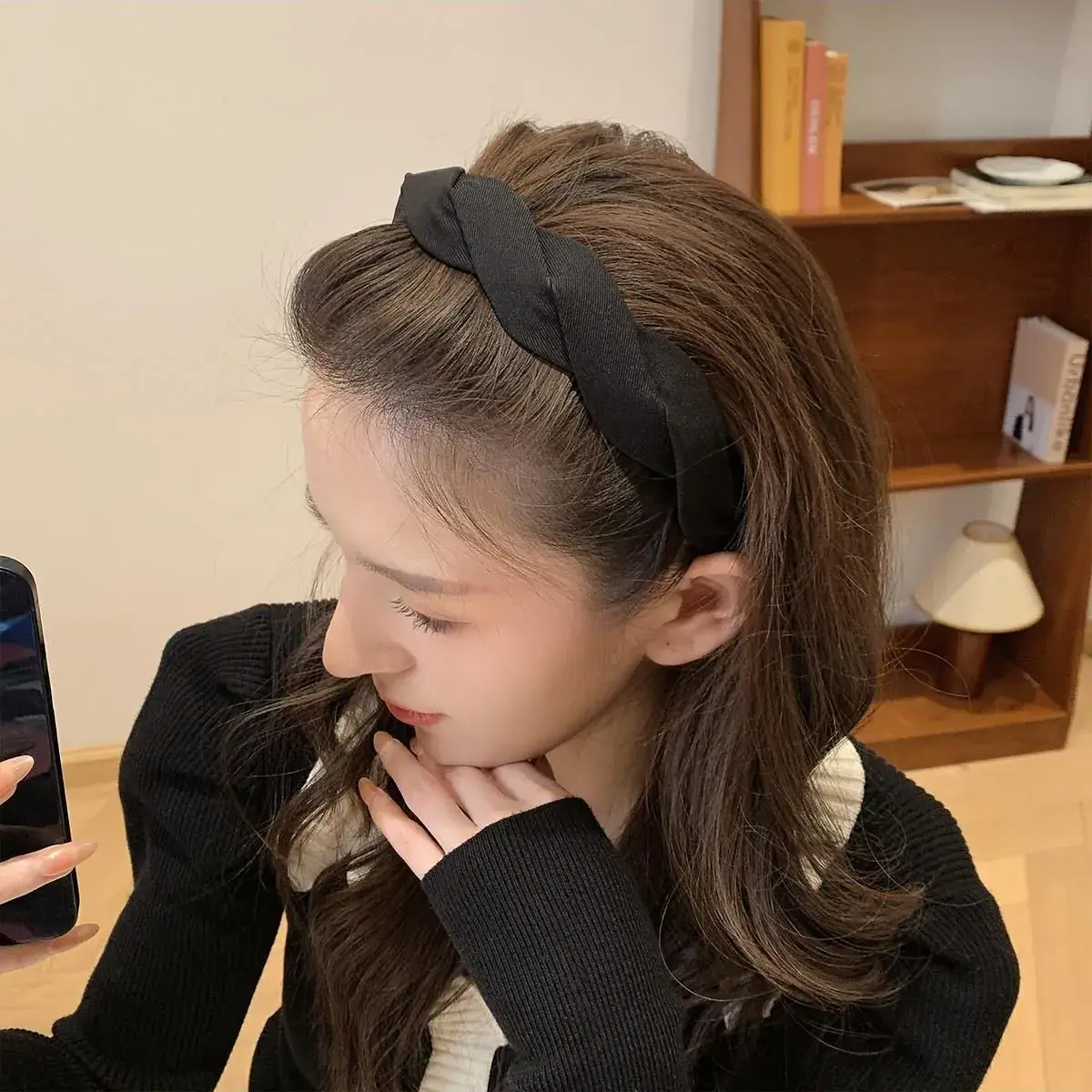 Women French Style Mesh Hairband Brown Wide Edge