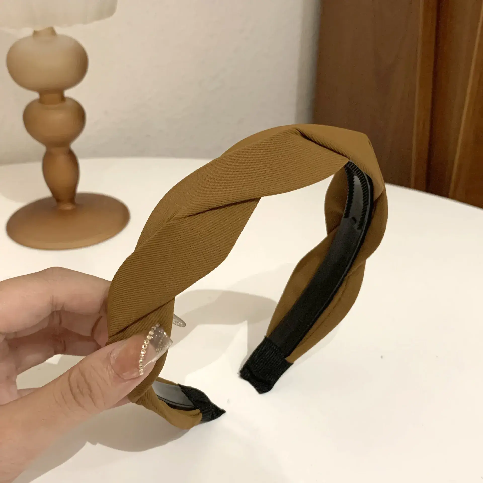 Women French Style Mesh Hairband Brown Wide Edge