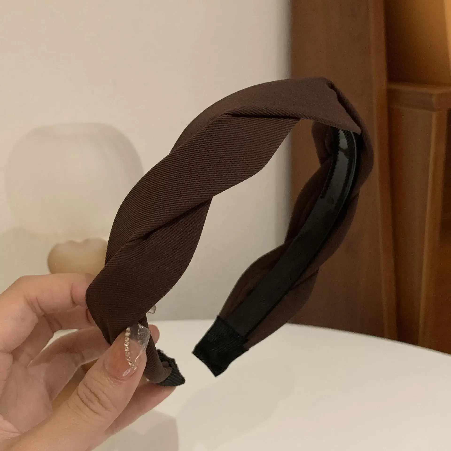 Women French Style Mesh Hairband Brown Wide Edge
