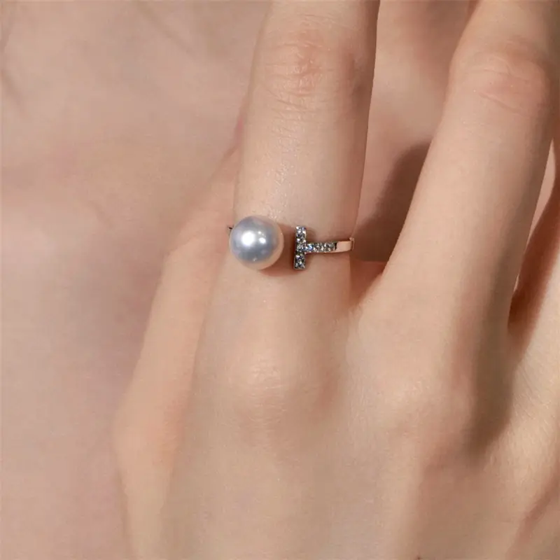 Women's Adjustable Pearl Letter Ring with Micro Diamond - Image 5