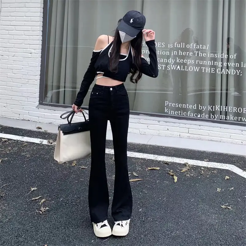 Women Micro Flare Jeans Black High Waist Slim Fit - Image 10