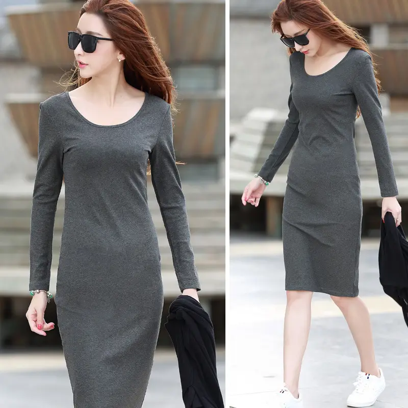 Women Grey Long Sleeve Dress Winter Inner Skirt Elegant Slim Fit - Image 17