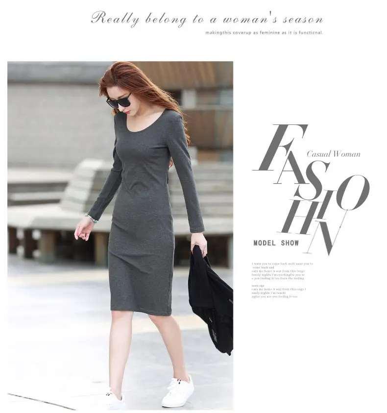 Women Grey Long Sleeve Dress Winter Inner Skirt Elegant Slim Fit — feature 6