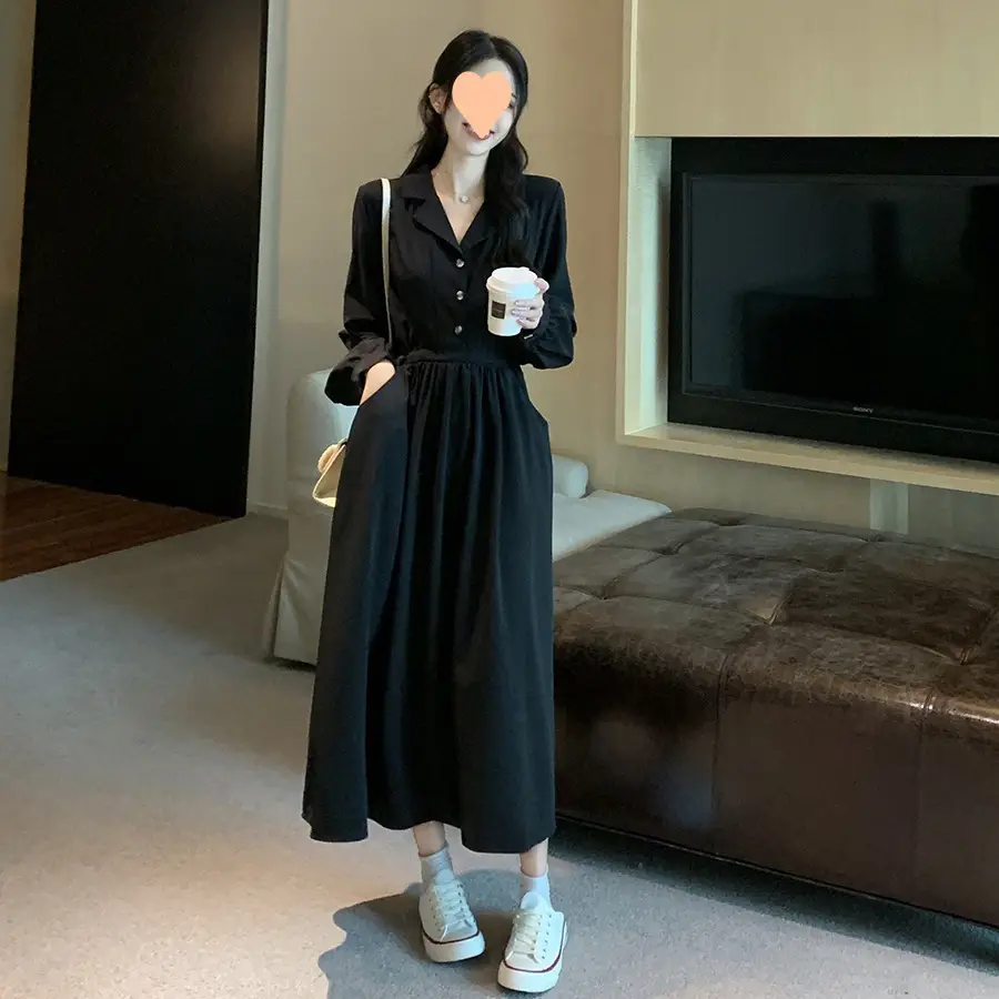 Black Long Sleeve V-Neck Dress for Women - Image 5