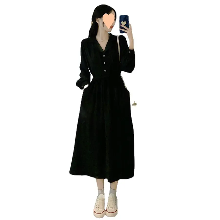 Black Long Sleeve V-Neck Dress for Women - Image 7