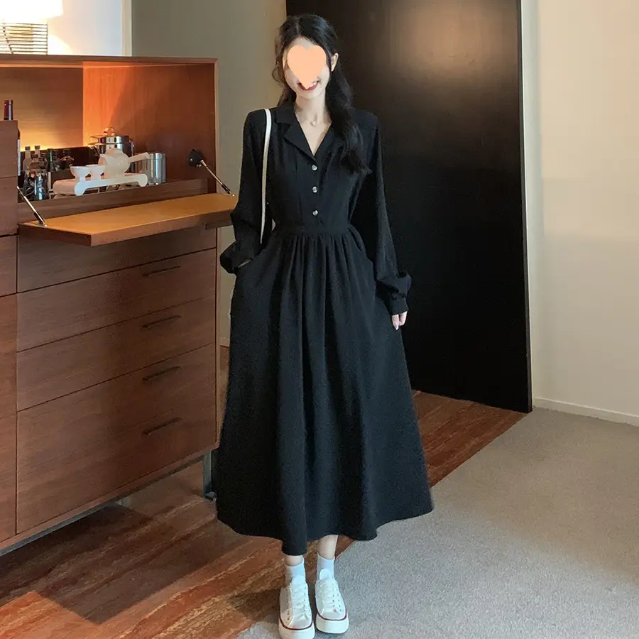 Black Long Sleeve V-Neck Dress for Women - Image 2