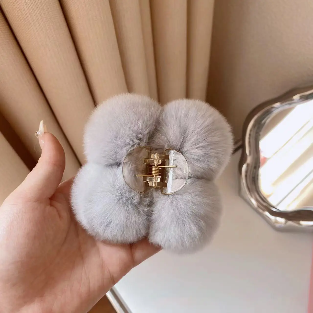 Grey Faux Fur Clip Hairpin for Women Large - Image 11