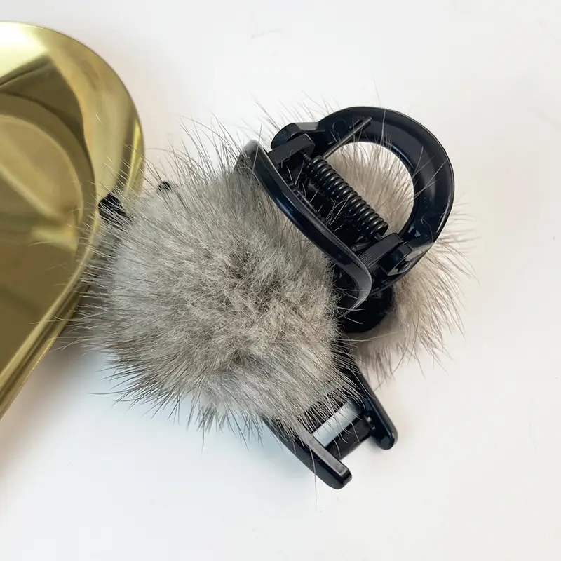 Grey Faux Fur Clip Hairpin for Women Large - Image 22