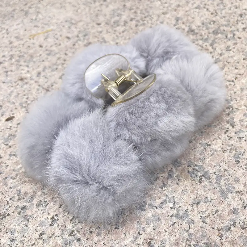 Grey Faux Fur Clip Hairpin for Women Large - Image 3