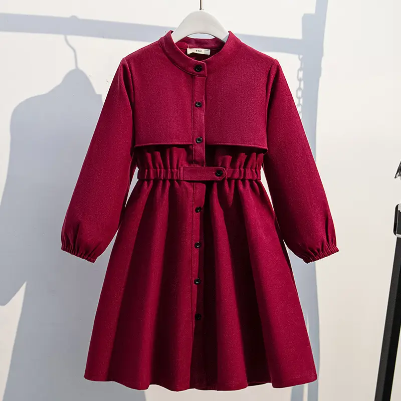 Girls' Maroon Long Sleeve Princess Dress College Style - Image 2