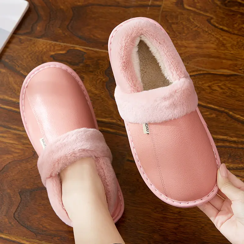 Winter Waterproof Cowhide Cotton Slippers Women's Bag Heel Indoor Household Warm Leather Cotton Shoes Home Leather Slippers for Men