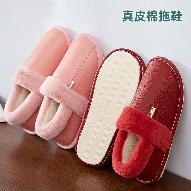 Winter Waterproof Cowhide Cotton Slippers Women's Bag Heel Indoor Household Warm Leather Cotton Shoes Home Leather Slippers for Men