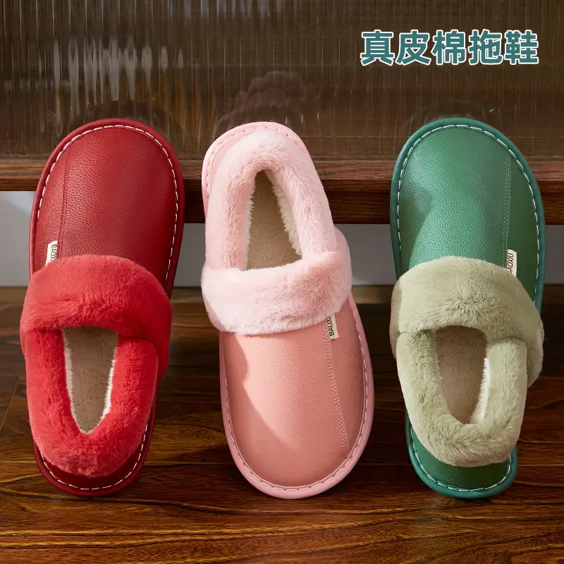Winter Waterproof Cowhide Cotton Slippers Women's Bag Heel Indoor Household Warm Leather Cotton Shoes Home Leather Slippers for Men
