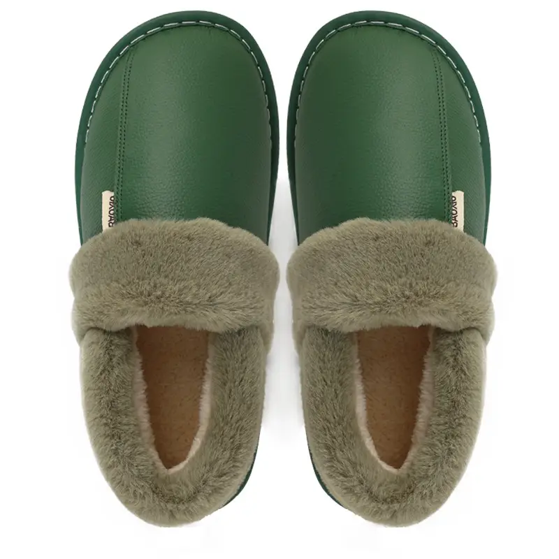 Winter Waterproof Cowhide Cotton Slippers Women's Bag Heel Indoor Household Warm Leather Cotton Shoes Home Leather Slippers for Men