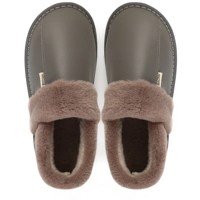 Winter Waterproof Cowhide Cotton Slippers Women's Bag Heel Indoor Household Warm Leather Cotton Shoes Home Leather Slippers for Men