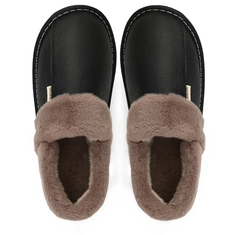 Winter Waterproof Cowhide Cotton Slippers Women's Bag Heel Indoor Household Warm Leather Cotton Shoes Home Leather Slippers for Men