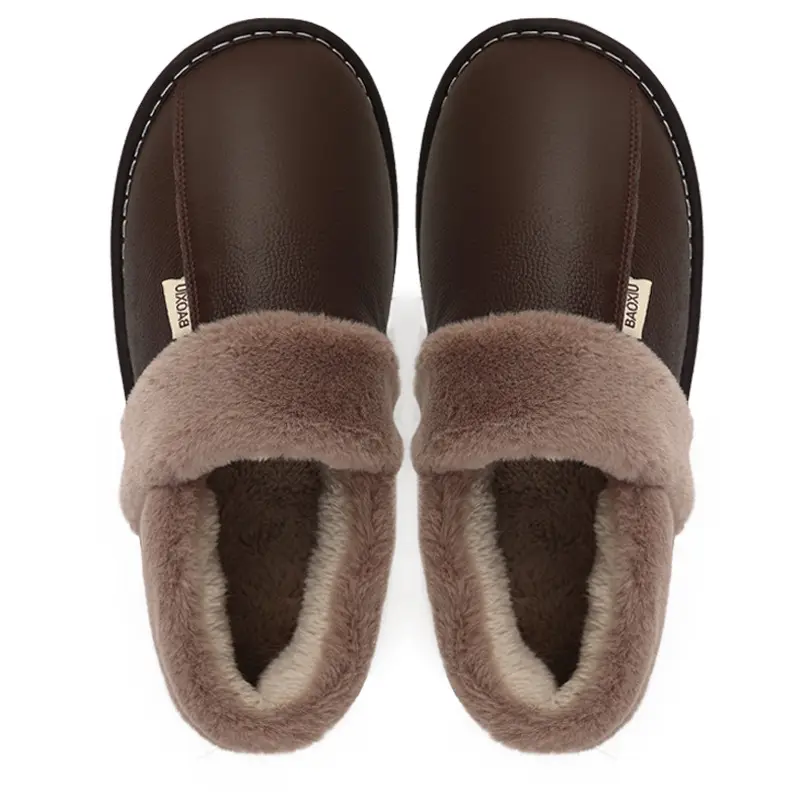 Winter Waterproof Cowhide Cotton Slippers Women's Bag Heel Indoor Household Warm Leather Cotton Shoes Home Leather Slippers for Men