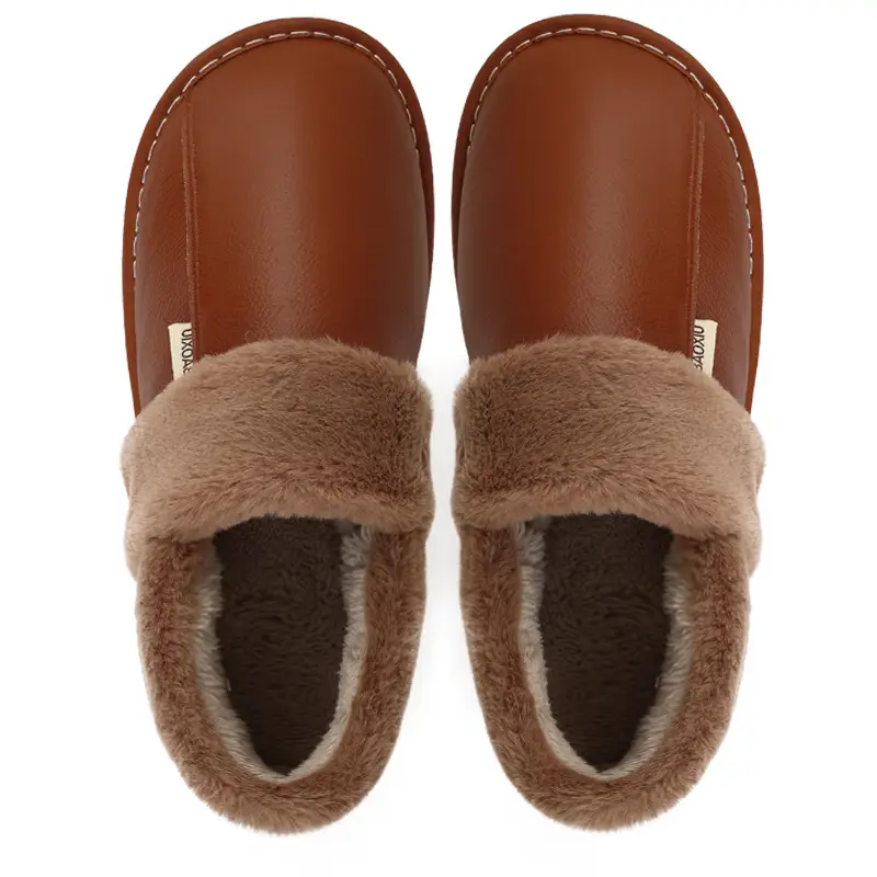 Winter Waterproof Cowhide Cotton Slippers Women's Bag Heel Indoor Household Warm Leather Cotton Shoes Home Leather Slippers for Men
