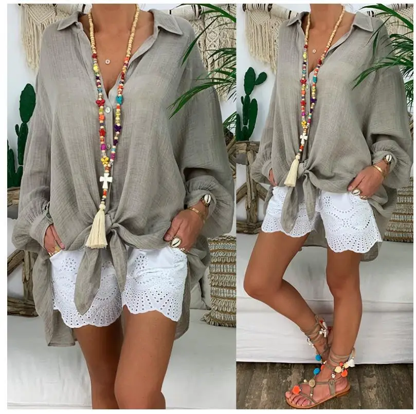 Women's Long Sleeve Cotton Linen Shirt Top Large - Image 2