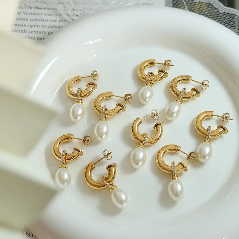 Gold C-Shape Pearl Earrings for Women - Image 3