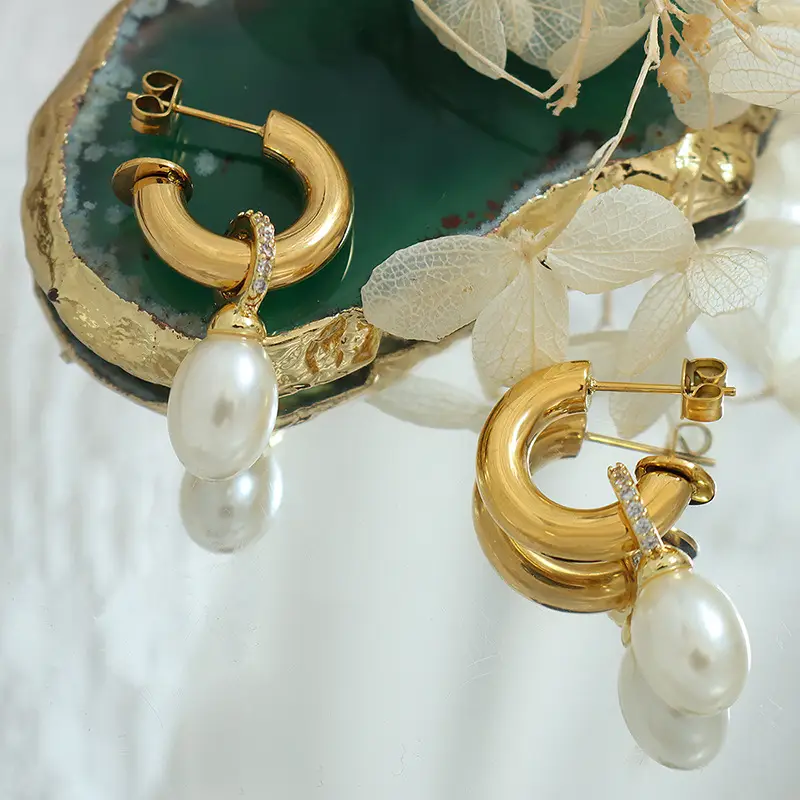 Gold C-Shape Pearl Earrings for Women - Image 4