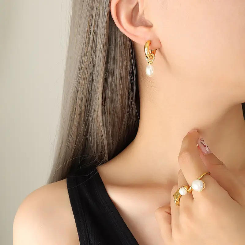 Gold C-Shape Pearl Earrings for Women - Image 5