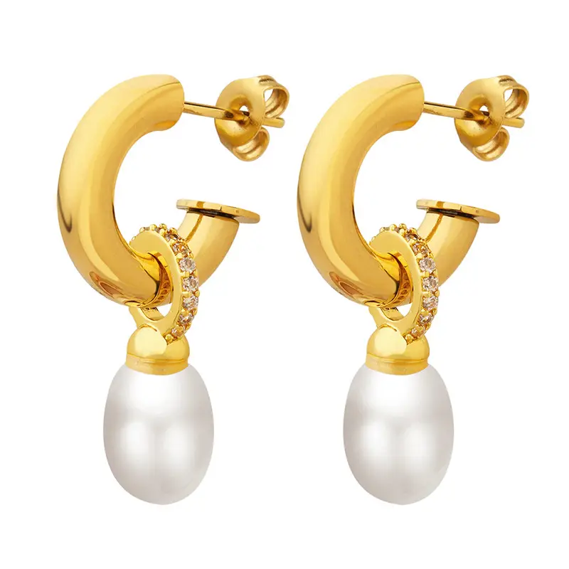 Gold C-Shape Pearl Earrings for Women - Image 6