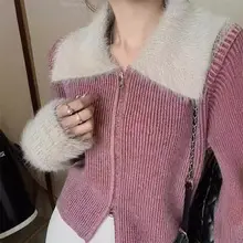 Women Knit Mink Cardigan Red Turtleneck Winter Wear — feature 4