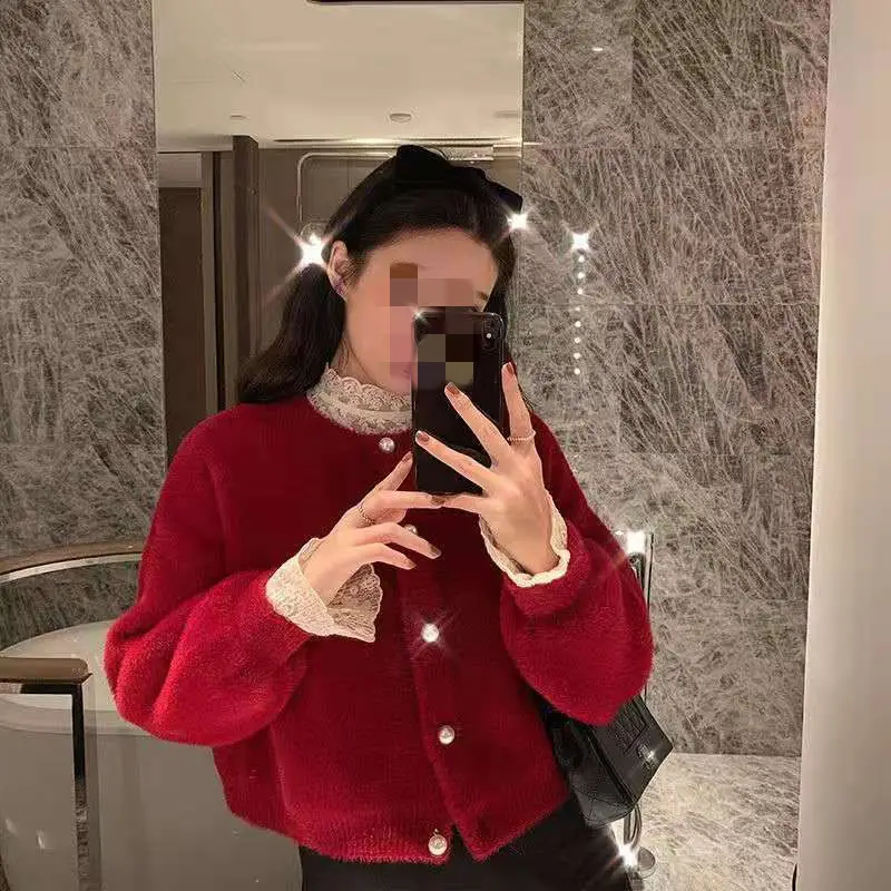 Women Knit Mink Cardigan Red Turtleneck Winter Wear