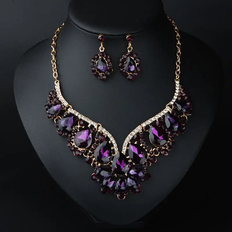 European & American Flash Crystal Gem Necklace Earrings Set - Image 2