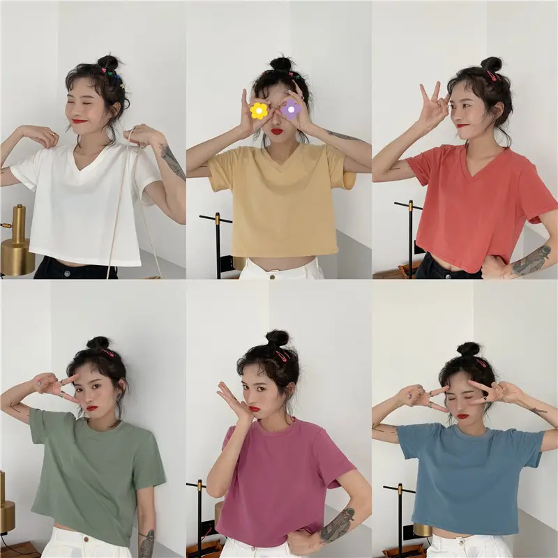 Women Korean Style Short Sleeve T-Shirt Pure Color Loose Fit