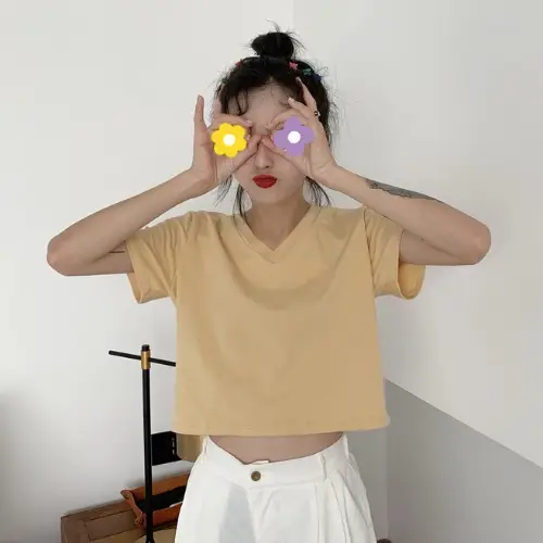 Women Korean Style Short Sleeve T-Shirt Pure Color Loose Fit