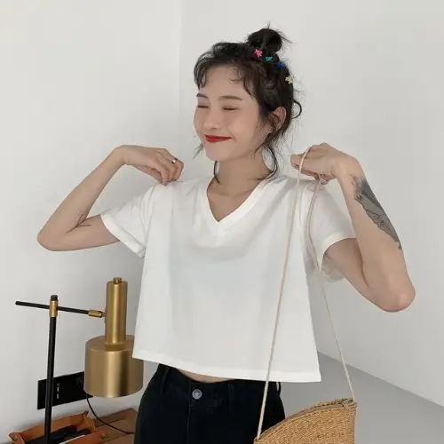 Women Korean Style Short Sleeve T-Shirt Pure Color Loose Fit