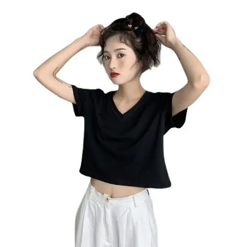 Women Korean Style Short Sleeve T-Shirt Pure Color Loose Fit