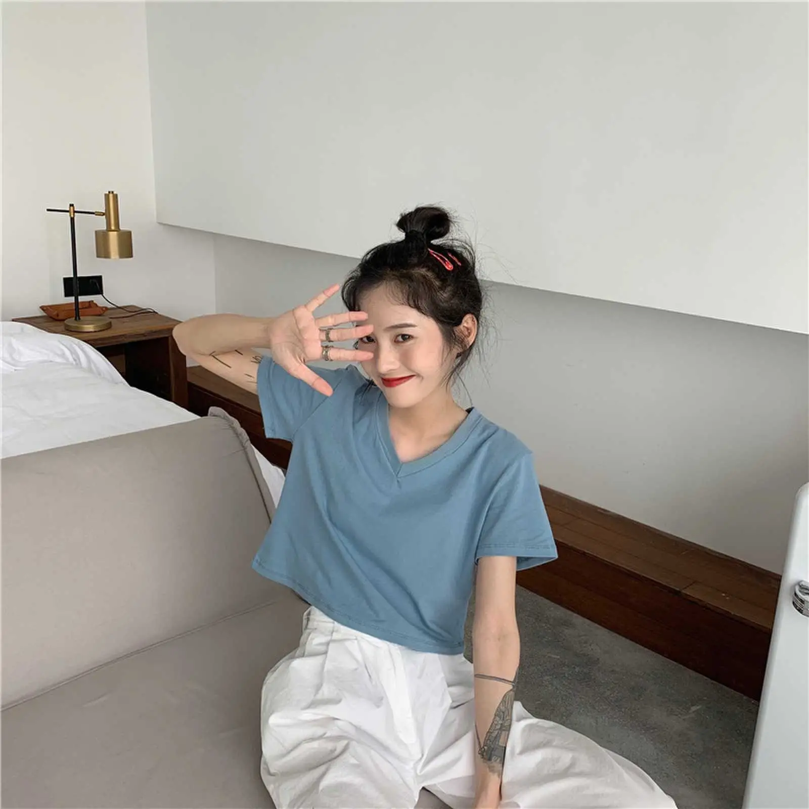 Women Korean Style Short Sleeve T-Shirt Pure Color Loose Fit