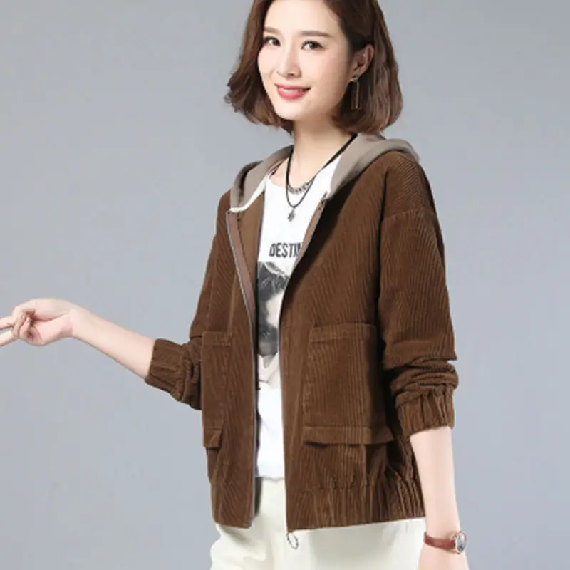 Women Korean Style Loose Fit Brown Hoodie Jacket - Image 5