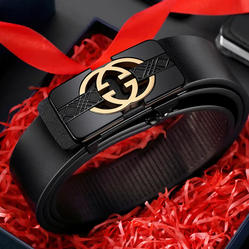 Men's Genuine Leather Belt with Gold Buckle & Toothless Hole - Image 3