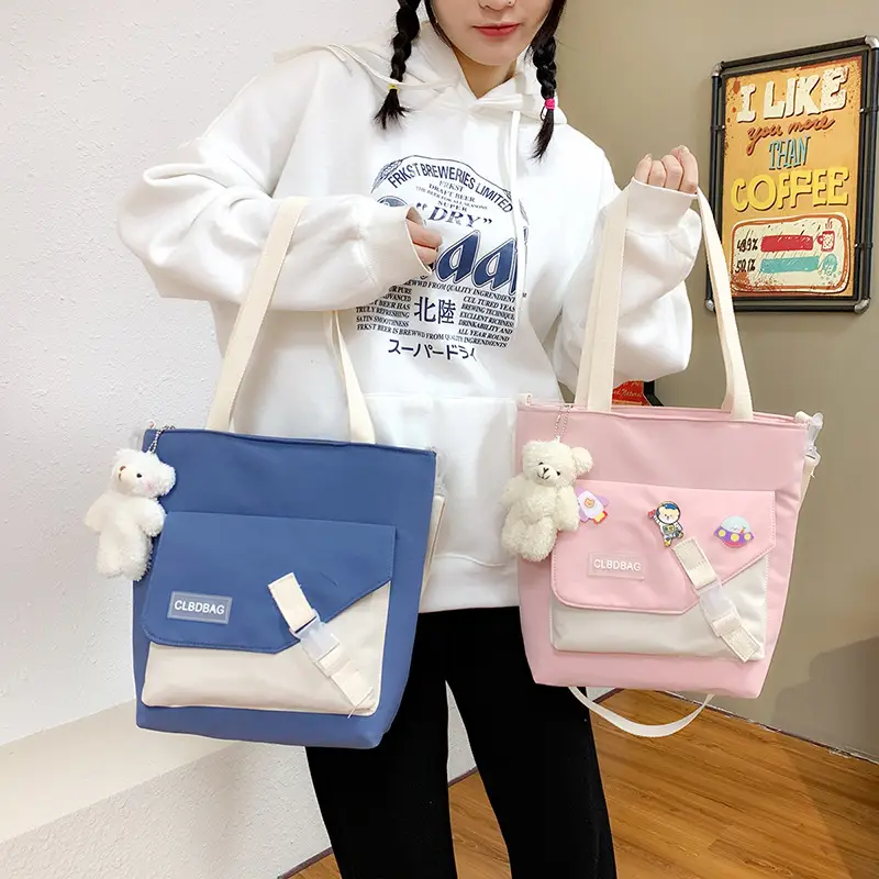 Nylon Shoulder Bag for Girls with Cute Bear Charm - Image 7