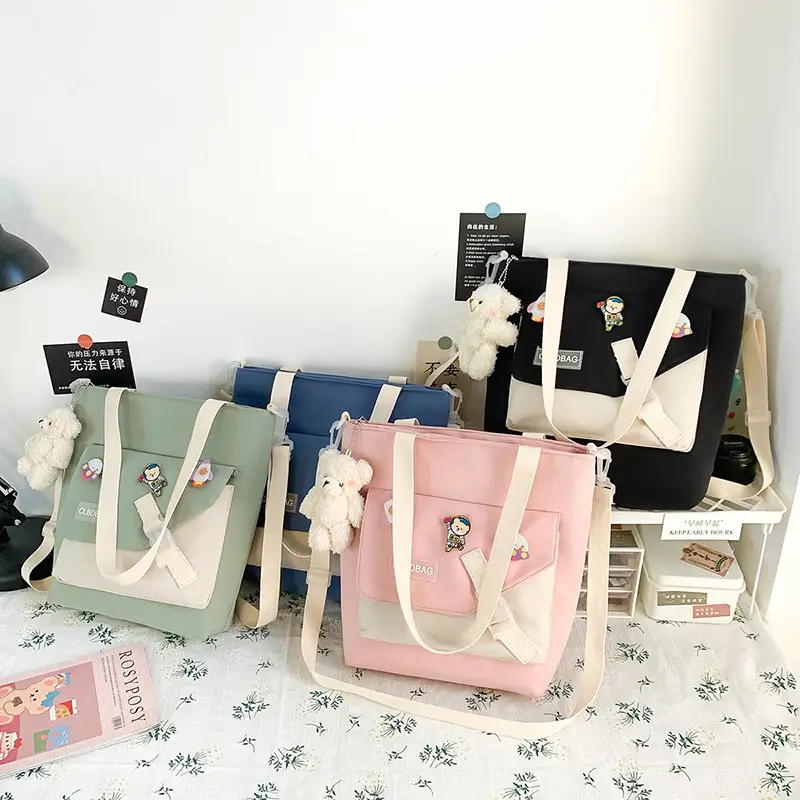 Nylon Shoulder Bag for Girls with Cute Bear Charm - Image 9