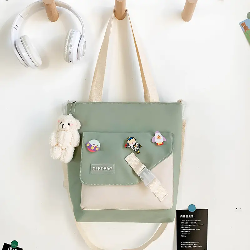 Nylon Shoulder Bag for Girls with Cute Bear Charm - Image 10