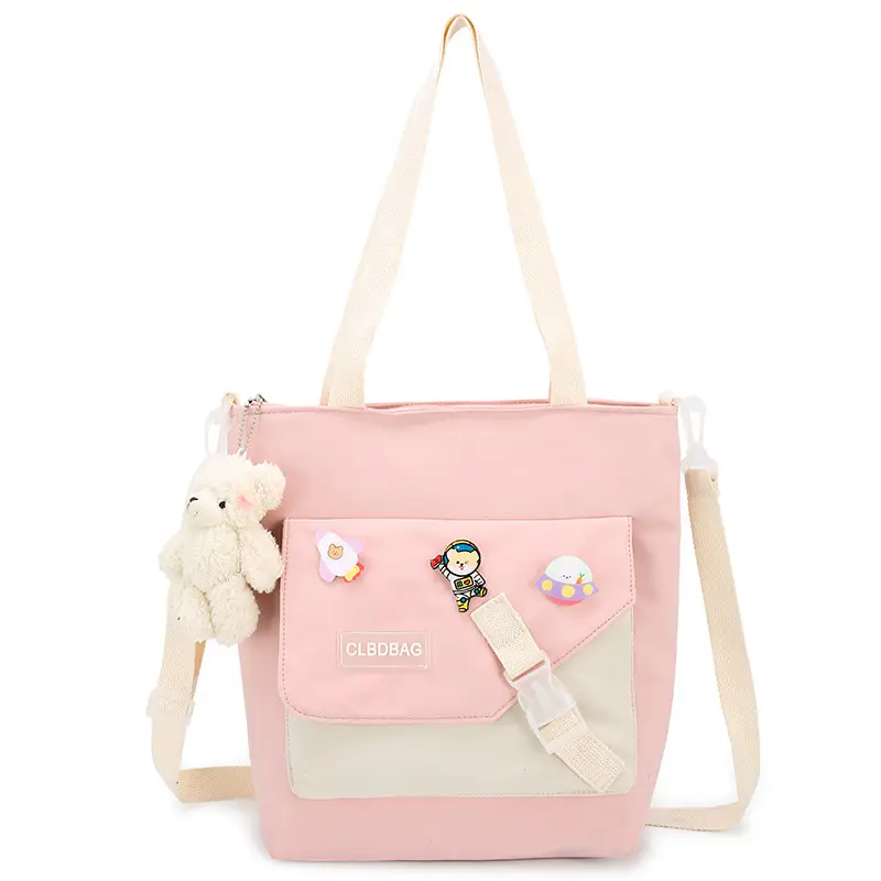 Nylon Shoulder Bag for Girls with Cute Bear Charm - Image 4