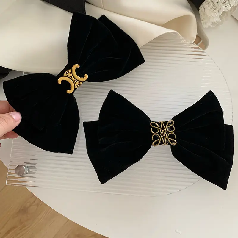 Retro Black Velvet Bow Hairpin with Gold Embroidery - Image 4
