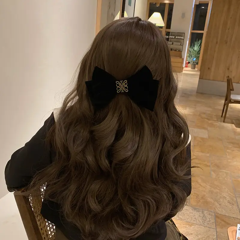 Retro Black Velvet Bow Hairpin with Gold Embroidery - Image 5