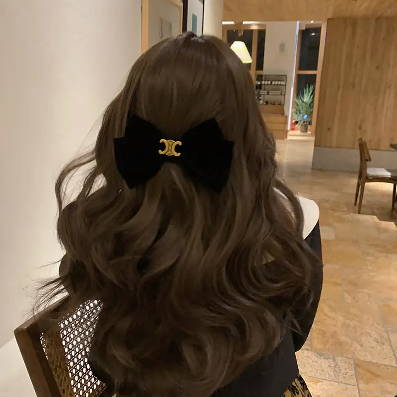 Retro Black Velvet Bow Hairpin with Gold Embroidery - Image 6