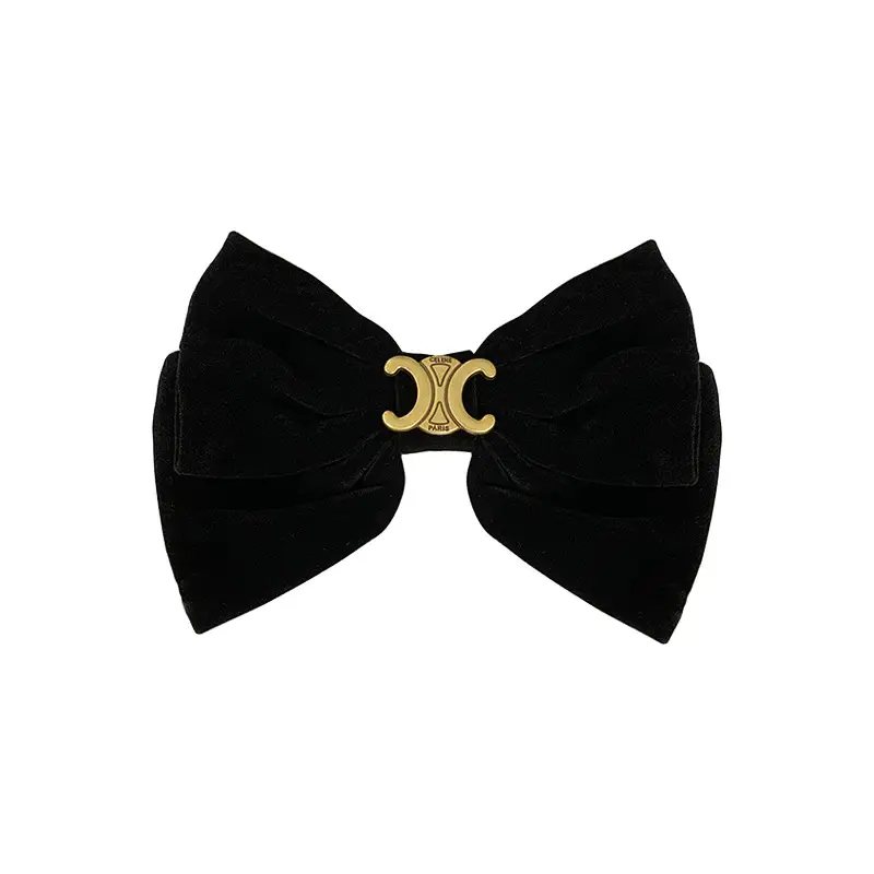 Retro Black Velvet Bow Hairpin with Gold Embroidery - Image 7